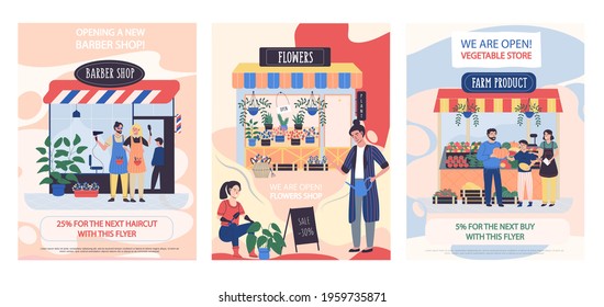 Set of illustrations about new stores. Barbershop, flower shop, market with farm products. Announcement of discounts in shops vector illustration. Opening new establishment and shops concept poster