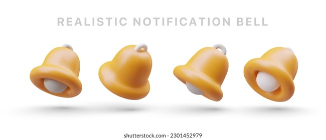 Set of illustrations about notifications. Realistic yellow 3d bells. Snapshot of bell movement. Signal about received message, software update. Collection of symbols for social networks