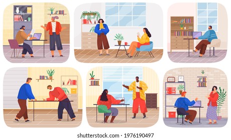 Set of illustrations about office work. Colleagues communicate during break. People work with technology and data in office. Brainstorming of employees at workplace. Businesspeople are discussing