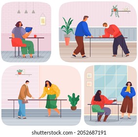 Reihe von Illustrationen über Büroarbeit. Menschen, die kommunizieren, sich am Arbeitsplatz unterhalten. Geschäftsmann präsentiert neue Verträge. Geschäftspartner sprechen über Treffen, Brainstorming
