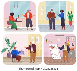 Set of illustrations about office work. People communicating, having conversation at workplace. Businessman makes presentation of statistical research. Business partners are talking on meeting