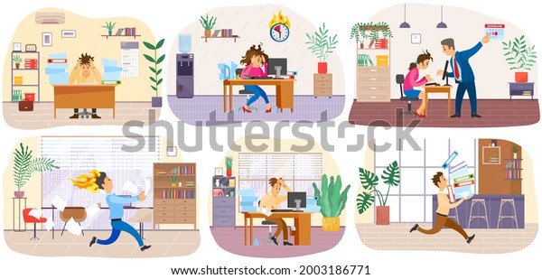 Set of illustrations about office workers
hurrying up with assignments. Stressed employees working. People
run, rush, do paperwork to deal with deadline. Chaos and bustle in
office due to deadlines