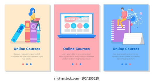 Set of illustrations about online educational courses, studying material. People work with information. Characters are engaged in self-education and knowledge development. Mockup of a webpage for site
