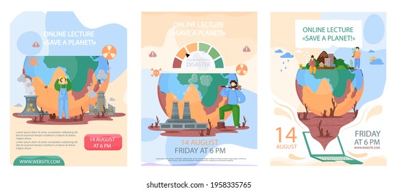 Conjunto de ilustraciones sobre la conferencia en línea sobre el afiche de concepto de ahorro de planeta. Personas en la Tierra