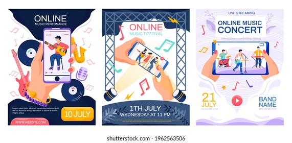 Set of illustrations about online music concerts and festivals. Video with musicians performing songs to accompaniment of musical instruments. Performers play live music vector illustration