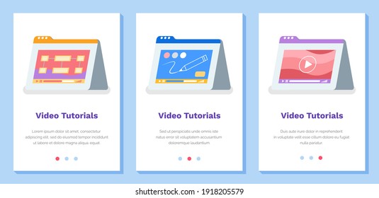 Set of illustrations about online video tutorials, webinar, distance education, e-learning, business training. Drawing clip website landing page template. Tablets with on-screen video player