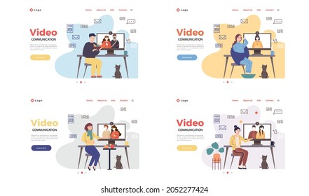 Set of illustrations about online video meeting with sick friends. Coronavirus pandemic concept. People at home working and communicating at conference. Covid-19 treatment and prevention of spread