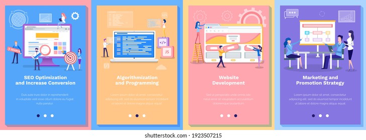 Set of illustrations about optimization, marketing and business development. Website or slider app, landing page. People work with programming, planning development strategies and the Internet