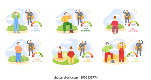 Set of illustrations about outdoor sports. People do yoga and de-stress. Changes in immunity levels