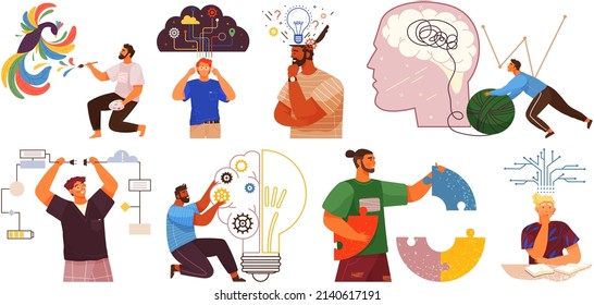 Set of illustrations about people with different mental mindset types or creative models. Psychological assistance, maintaining brain activity. Psychotherapy, development of personality concept