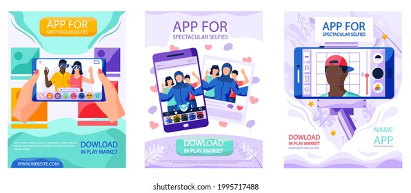 Set of illustrations about people edit photos, add filters and masks. App for spectacular selfies concept poster. Creative characters posing for selfies on smartphone. Phone camera addiction