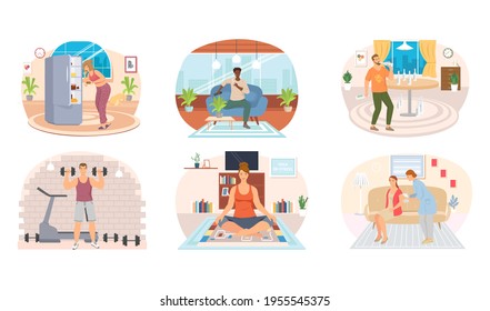 Set of illustrations about people having healthy and unhealthy lifestyle. Habits of characters