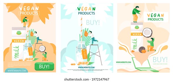 Set of illustrations about people making plant based vegan milk. Vegan products shopping website concept poster. Healthy lifestyle and proper nutrition vector illustration. Making drink from nuts