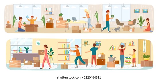 Conjunto de ilustraciones sobre personas que se mudan a una casa nueva, llevando cosas a un departamento, cambiando de lugar de residencia, reubicación. Desempacar cosas después del envío, decorar la casa. Alquiler de locales