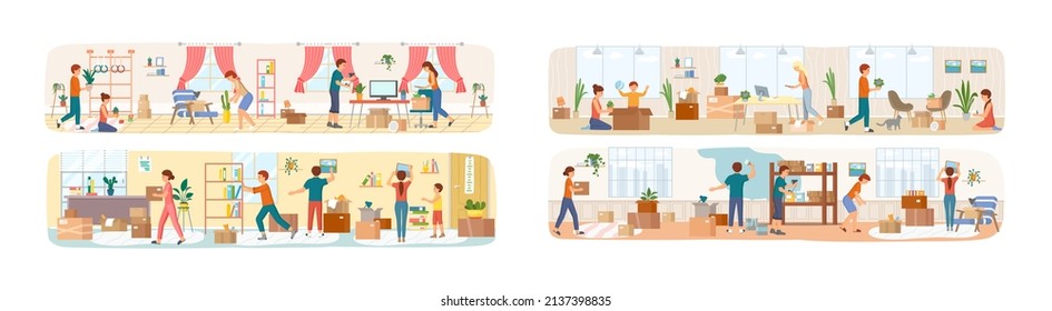 Set of illustrations about people moving to new house, carrying things to apartment, changing place of residence, relocation. Unpacking things after shipping, decorating home. Rental of premises