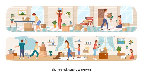 Set of illustrations about people moving to new house, carrying things to apartment, changing place of residence, relocation. Unpacking things after shipping, decorating home. Rental of premises