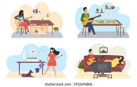 Set of illustrations about people with musical profession play guitar and sing songs. Rest and pastime with music. Musicians with instrument create melodies. Characters perform with acoustic guitar