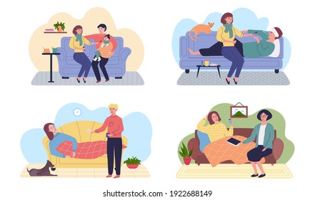 Set of illustrations about people on self-isolation and treatment process. Self care concept. Characters take care about patients with flu or cold. People give medicine and help sick relatives