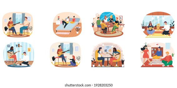 Set of illustrations about people play, spend time with family, have fun and make music on guitar. Guitarists with musical instrument create melodies. People entertain and perform with acoustic guitar