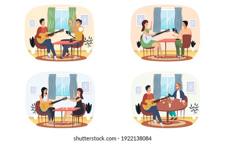 Set of illustrations about people sing songs with guitar and record audio. Joint pastime with music. Musicians make music. Guitarists perform with stringed instrument. Characters listening to guitar
