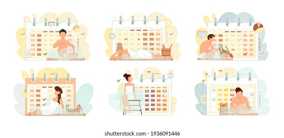 Set of illustrations about people steaming and relaxing against background of schedule or calendar