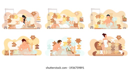 Set of illustrations about people take steam baths on background of puzzles with inscription sauna