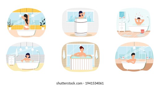 Conjunto de ilustraciones sobre la gente que se bañan en casa. Personajes de dibujos animados sentados en una bañera con vapor