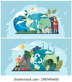 Set of illustrations about people using planet natural resources and trying to protect Earth. Climate change, rising water level, ecology problems awareness. Cartoon characters care about nature