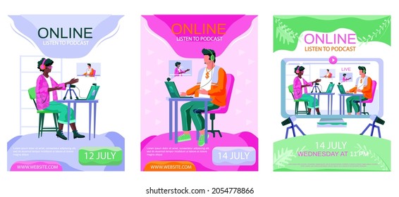 Set of illustrations about people working in recording studio or radio station. Presenters broadcast for podcasts. Listening to podcasts online concept poster. Working with sound and watching video