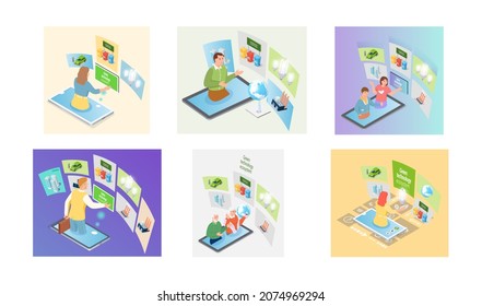 Set of illustrations about people working with integration of new technologies for environmental and ecology protection. Green techbology for eco friendly production, industrial development