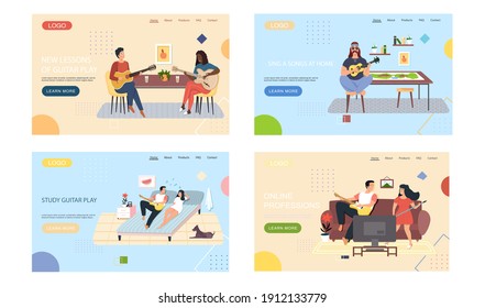 Set of illustrations about performers improving guitar playing skills. People sing songs and practice. Guitarists use musical instrument to create music. Landing page template. Playing acoustic guitar