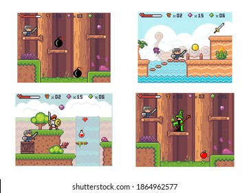 Set of illustrations about pixel game. Knight in armor collects coins and bombs. Adventure computer application for gamers. Knight goes down platforms. Way through deep. Old 8-bit mobile game of 80s