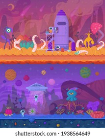 Set of illustrations about pixel game design. Pixelated characters leaving planet in space transport