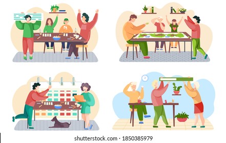 Set of illustrations about of playing cards and board games. Children and parents are spending time together. The couple is carrying a green book. Girl is standing with a laptop in her hands and works