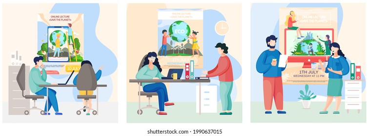 Set of illustrations about pnvironmental protection of Earth. People care of nature and ecology. Modern prosperous city provided with alternative energy. Online lecture about saving planet concept
