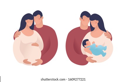 Set of illustrations about pregnancy and family. A couple expecting a baby, a man and a woman with a newborn. Flat vector illustration isolated on white background.