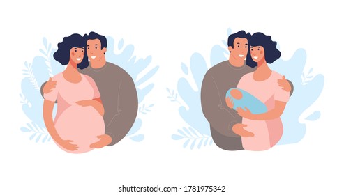 Conjunto de ilustraciones sobre el embarazo y la familia. Una pareja espera un bebé, un hombre y una mujer con un recién nacido. Ilustración vectorial plana aislada en fondo blanco