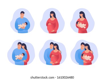 Set of illustrations about pregnancy and motherhood. Concept illustration. Parents with a child, mother and father are waiting for the birth of the baby. Married couple and parenthood. Vector