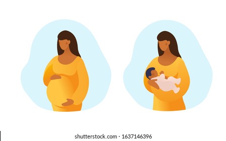 Set of illustrations about pregnancy and motherhood. Pregnant black woman. Girl with a newborn baby. Simple flat picture isolated on white background