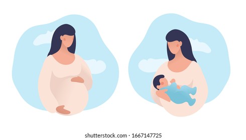 Set of illustrations about pregnancy and motherhood. Pregnant woman with tummy on a background of sky. Girl with a newborn baby on a natural background. Flat stock vector illustration isolated on a