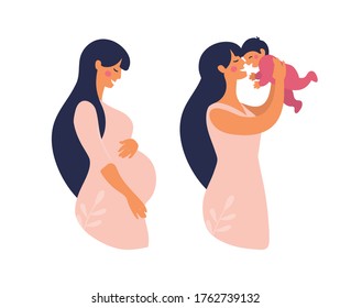 Set of illustrations about pregnancy and motherhood. Pregnant woman with tummy. Lady with a newborn baby. Flat stock vector illustration.