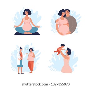 A set of illustrations about pregnancy and motherhood. Dad and mom with a baby, the child is growing, to the doctor, yoga for pregnant women, a happy family. Cartoon flat vector illustration isolated