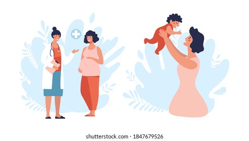 A set of illustrations about pregnancy and motherhood. Pregnant woman at a doctor s appointment, a woman plays with a newborn baby. Cartoon flat vector illustration isolated on white background