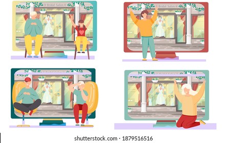 Set of illustrations about preparation for the wedding. Engaged couple looking at window of boutique. Model in wedding dress at vitrine. The people are communicating. Bridal boutique on the background