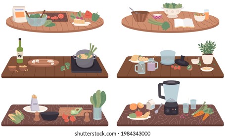 Set of illustrations about process of cooking vegetarian food, gluten free and healthy dish. Proper nutrition, healthy lifestyle and vegetarianism concept. Ingredients and cooking utensil for cooking