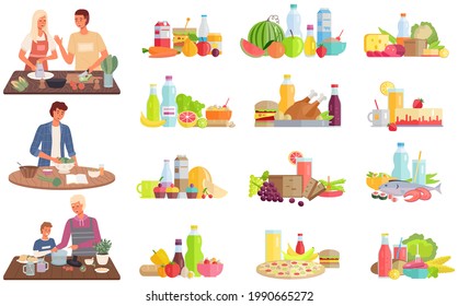 Conjunto de ilustraciones sobre nutrición saludable adecuada y vegetarianismo. Proceso de cocinar comidas sin carne. Ingredientes naturales. La gente cocina comidas sin carne. Personajes preparando comida vegetariana