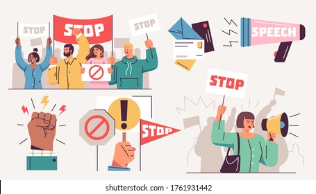 Set of illustrations about protests and demonstrations. Angry people protest meeting, hands set with banners. Vector illustration