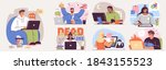 Set of illustrations about remote work and freelance. Freelancers at work and working distantly concept illustrations. Vector