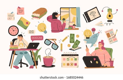 Set of illustrations about remote work. Freelancers at work and working distantly concept illustrations. Vector