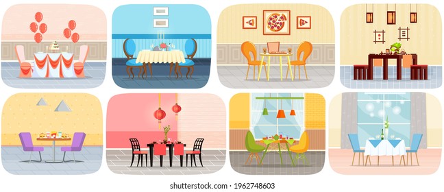 Set of illustrations about restaurant table for two person. Restaurant or cafe interior design. Served table with tablecloth, dishes and decorations. Furniture and interior elements of modern cafe